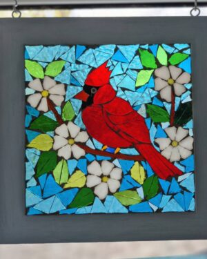 Red Cardinal in Spring -Handcrafted  original stained glass mosaic art